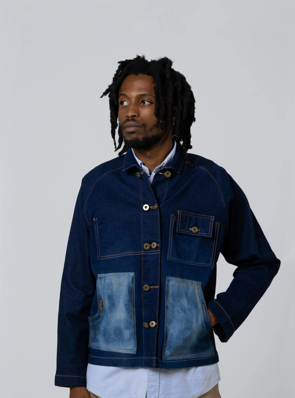 Double-Breasted Denim Work Jacket - Indigo - Maison Originals