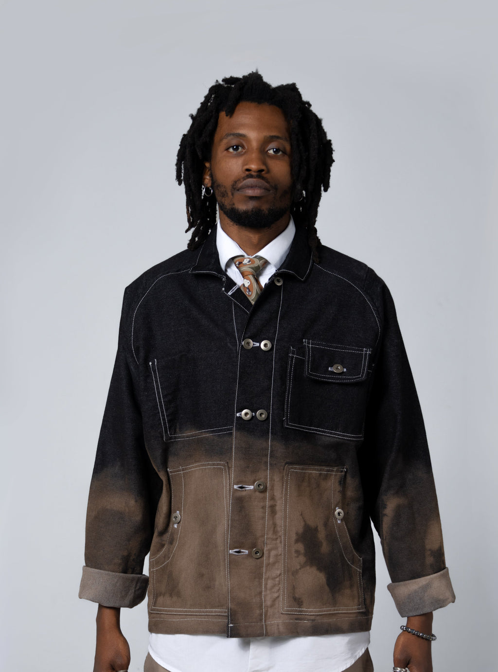 Double-Breasted Denim Work Jacket - Black/Brown - Maison Originals
